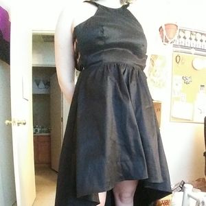 Black high-low open back halter top prom dress